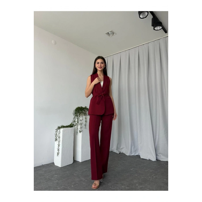 KADIN LEİLA YELEK PANTOLON TAKIM ASTARLİ KUŞAKLI