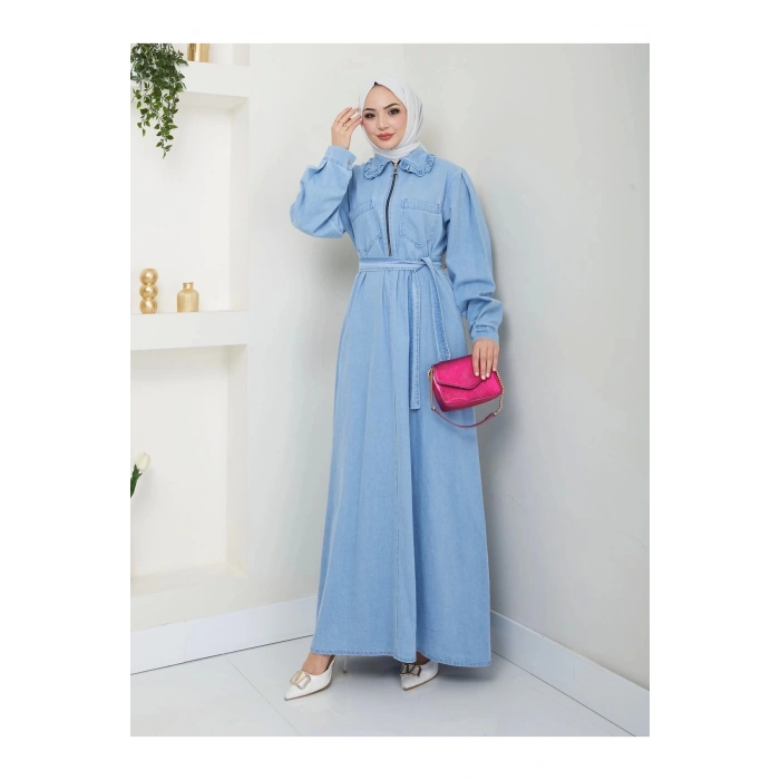 CEOLİ FERMUARLI TESETTÜR AÇİK KOT ELBİSE