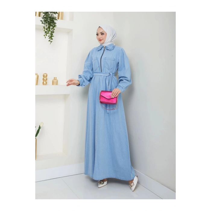 CEOLİ FERMUARLI TESETTÜR AÇİK KOT ELBİSE