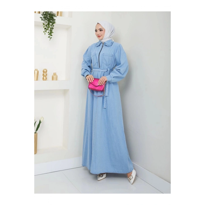CEOLİ FERMUARLI TESETTÜR AÇİK KOT ELBİSE