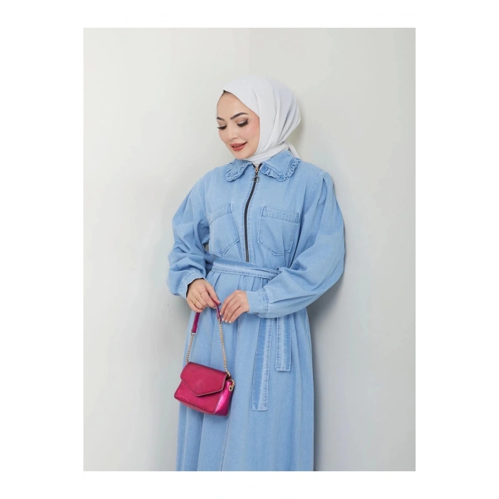 CEOLİ FERMUARLI TESETTÜR AÇİK KOT ELBİSE