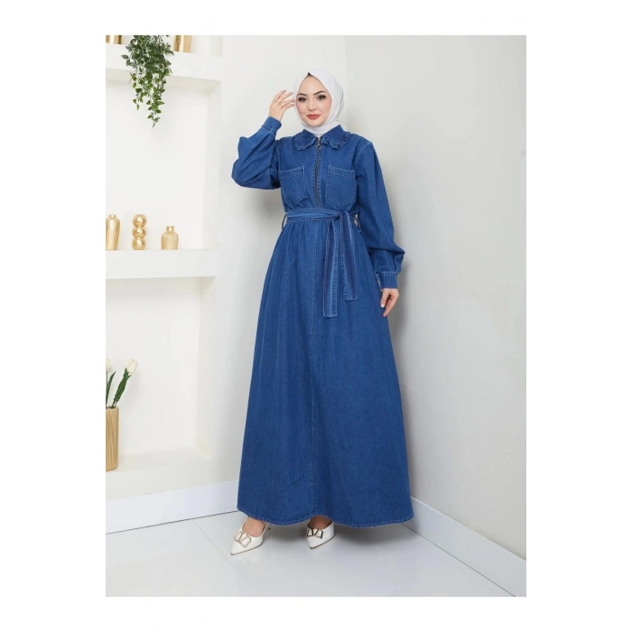 CEOLİ FERMUARLI TESETTÜR KOYU KOT ELBİSE