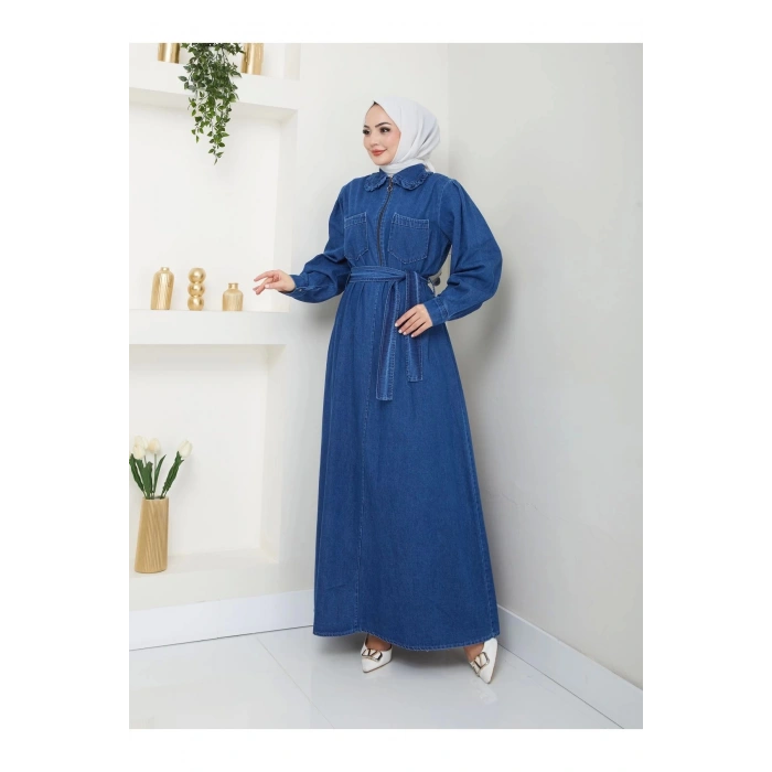 CEOLİ FERMUARLI TESETTÜR KOYU KOT ELBİSE