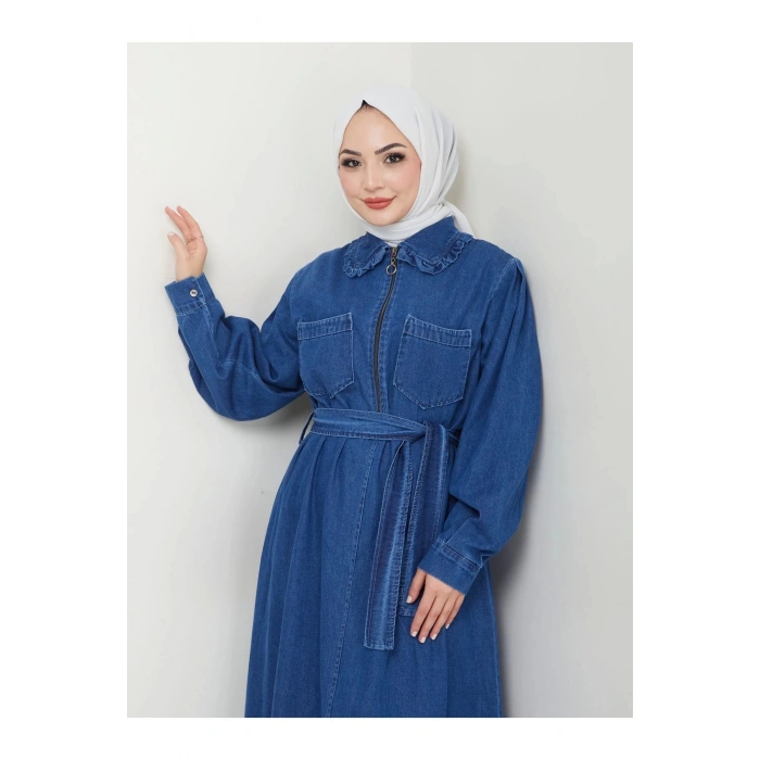 CEOLİ FERMUARLI TESETTÜR KOYU KOT ELBİSE