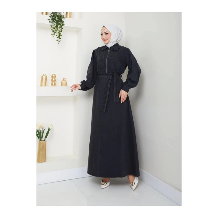 CEOLİ FERMUARLI TESETTÜR SİYAH KOT ELBİSE