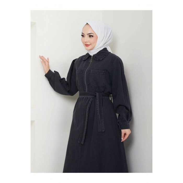 CEOLİ FERMUARLI TESETTÜR SİYAH KOT ELBİSE