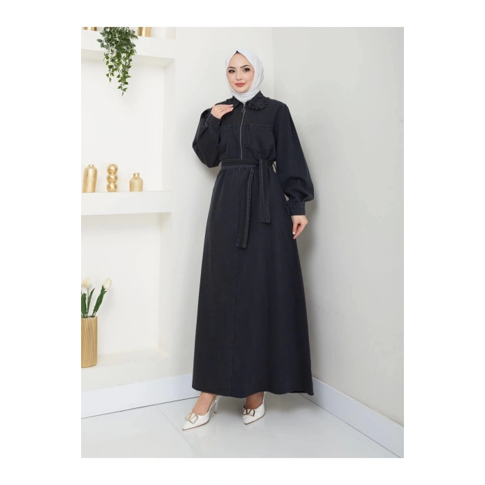 CEOLİ FERMUARLI TESETTÜR SİYAH KOT ELBİSE