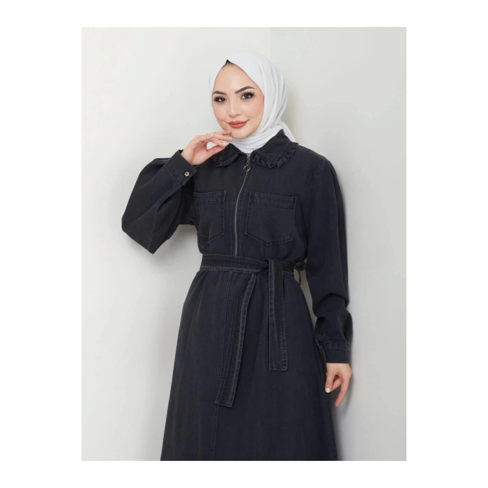 CEOLİ FERMUARLI TESETTÜR SİYAH KOT ELBİSE