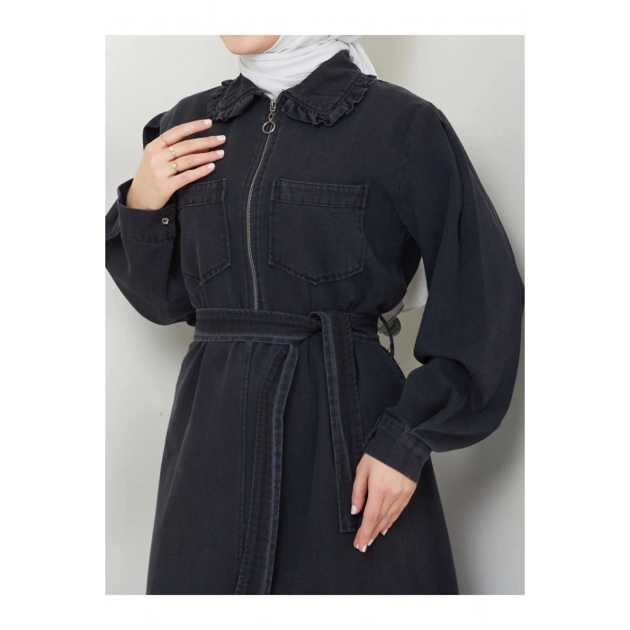 CEOLİ FERMUARLI TESETTÜR SİYAH KOT ELBİSE