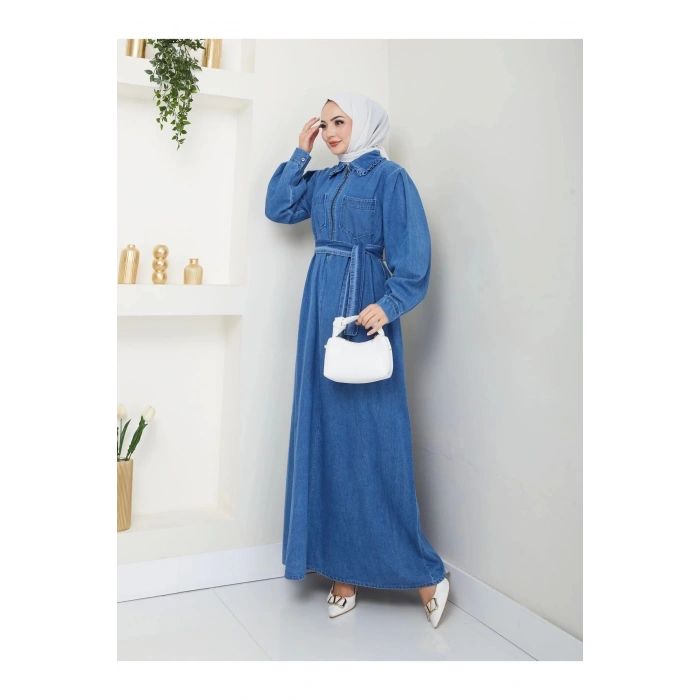CEOLİ FERMUARLI TESETTÜR MAVİ KOT ELBİSE