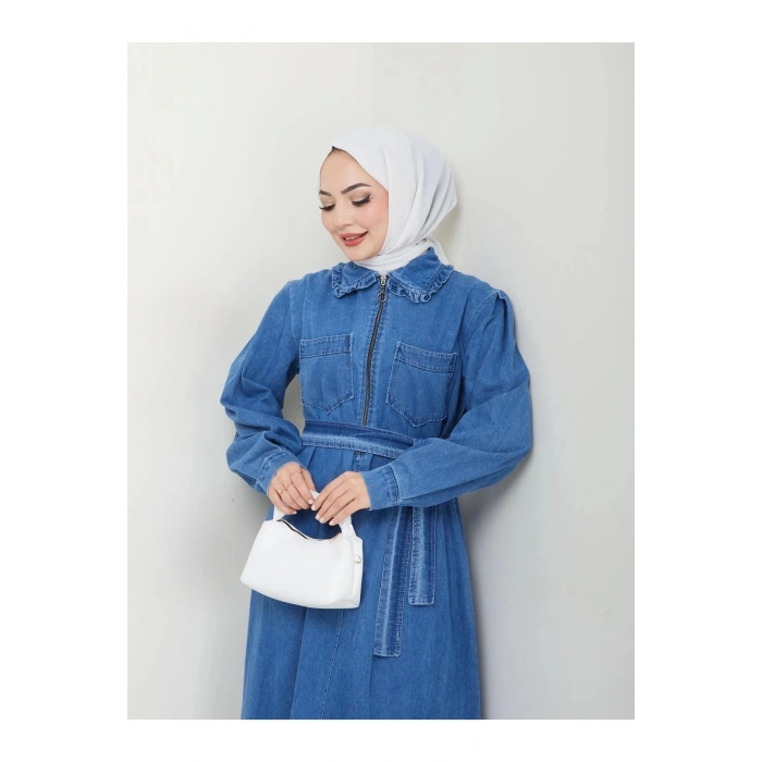 CEOLİ FERMUARLI TESETTÜR MAVİ KOT ELBİSE