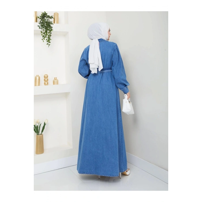 CEOLİ FERMUARLI TESETTÜR MAVİ KOT ELBİSE