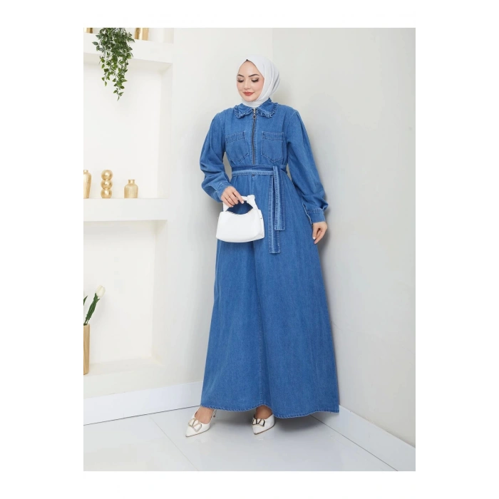 CEOLİ FERMUARLI TESETTÜR MAVİ KOT ELBİSE