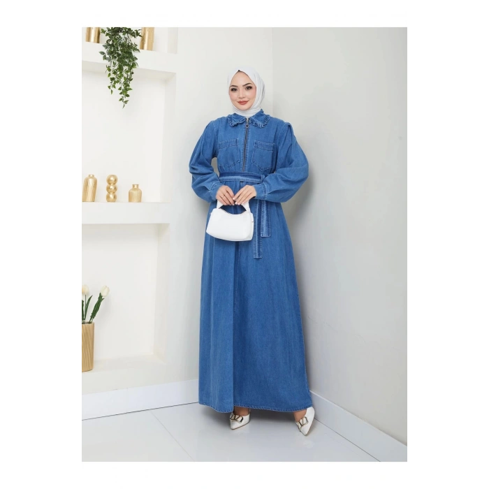 CEOLİ FERMUARLI TESETTÜR MAVİ KOT ELBİSE