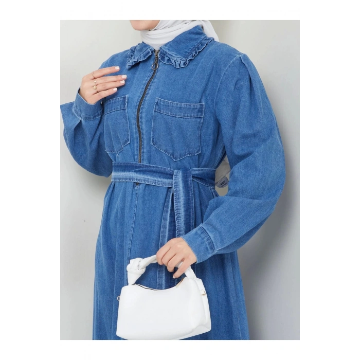 CEOLİ FERMUARLI TESETTÜR MAVİ KOT ELBİSE