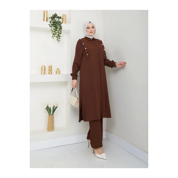 UZUN BOY GÖMLEK TAKIM  BATTAL TESETTÜR TAKIM KAHVE