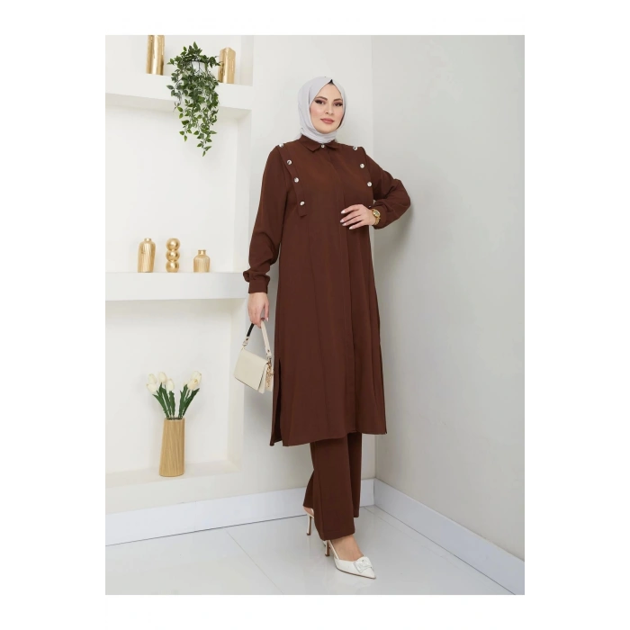 UZUN BOY GÖMLEK TAKIM  BATTAL TESETTÜR TAKIM KAHVE