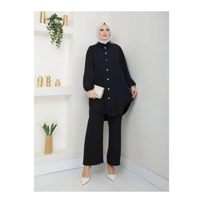 PİLİSELİ GÖMLEK TAKIM  TESETTÜR TAKIM SİYAH