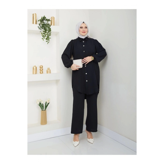 PİLİSELİ GÖMLEK TAKIM  TESETTÜR TAKIM SİYAH