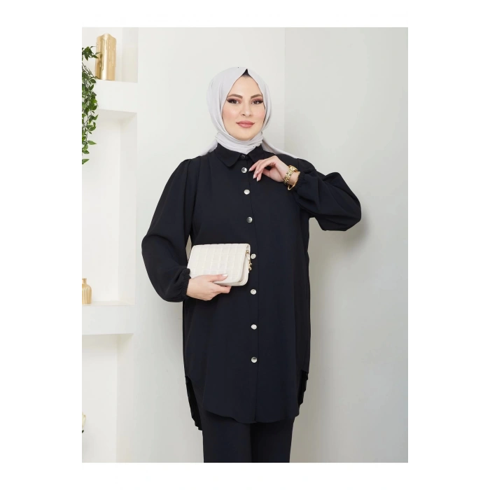 PİLİSELİ GÖMLEK TAKIM  TESETTÜR TAKIM SİYAH