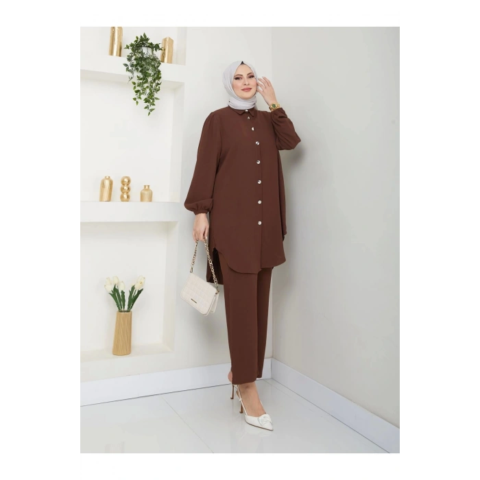 PİLİSELİ GÖMLEK TAKIM  TESETTÜR TAKIM KAHVE