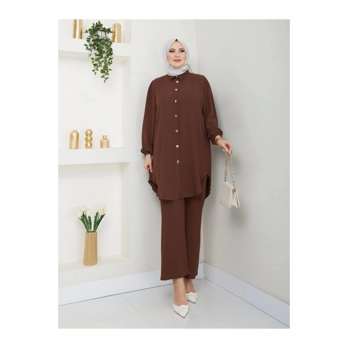 PİLİSELİ GÖMLEK TAKIM  TESETTÜR TAKIM KAHVE