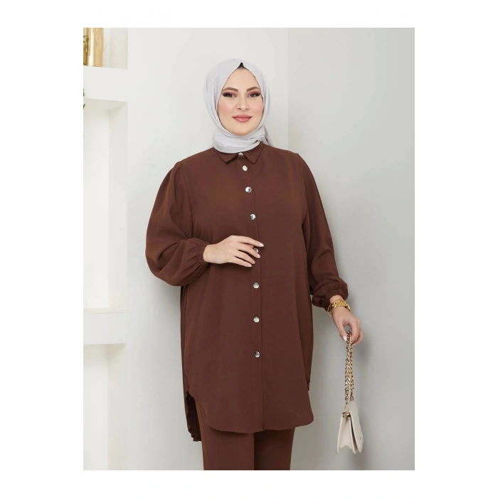 PİLİSELİ GÖMLEK TAKIM  TESETTÜR TAKIM KAHVE