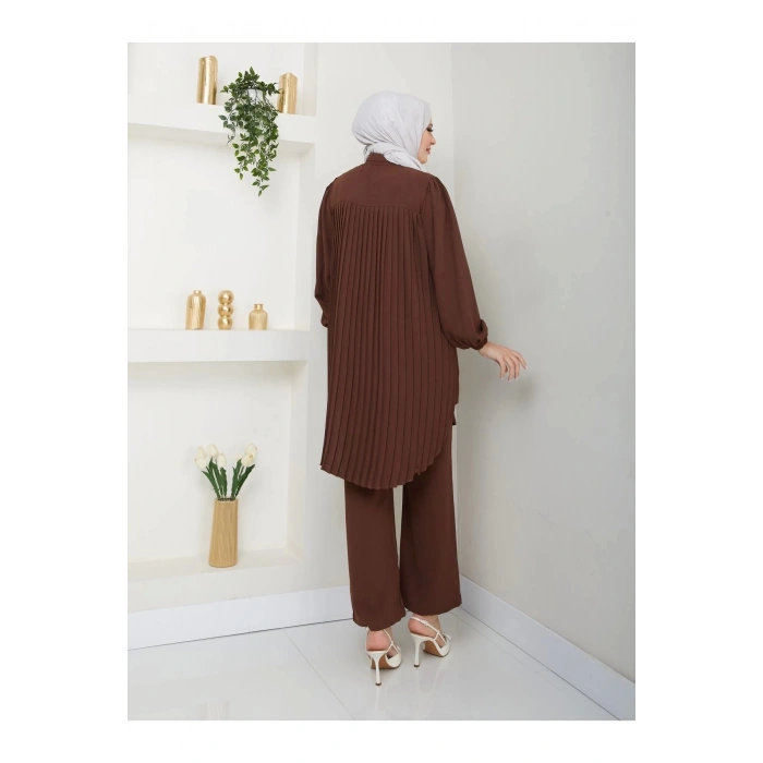 PİLİSELİ GÖMLEK TAKIM  TESETTÜR TAKIM KAHVE