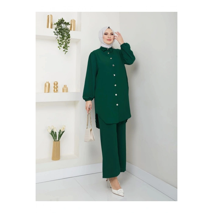 PİLİSELİ GÖMLEK TAKIM  TESETTÜR TAKIM ZÜMRÜT