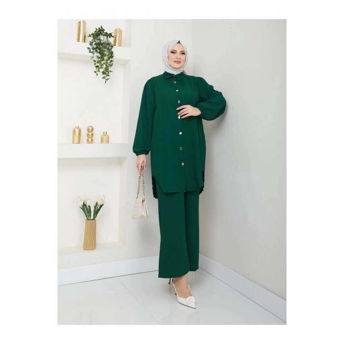 PİLİSELİ GÖMLEK TAKIM  TESETTÜR TAKIM ZÜMRÜT