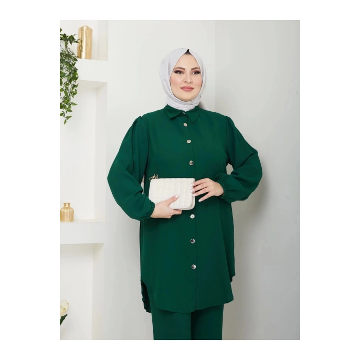 PİLİSELİ GÖMLEK TAKIM  TESETTÜR TAKIM ZÜMRÜT