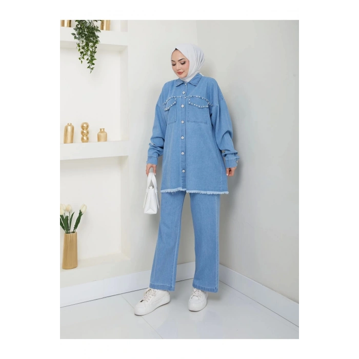 İNCİLİ KAPAKLİ CEP AÇIK KOT TESETTÜR TAKIM