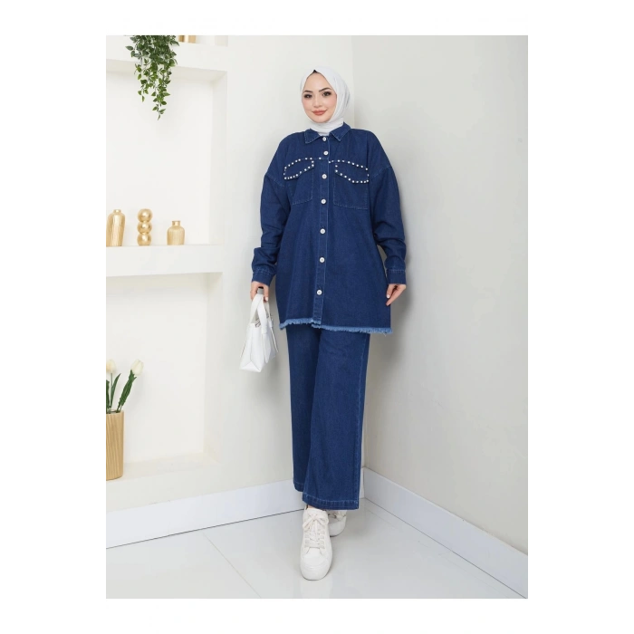 İNCİLİ KAPAKLİ CEP MAVİ KOT TESETTÜR TAKIM