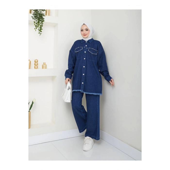 İNCİLİ KAPAKLİ CEP MAVİ KOT TESETTÜR TAKIM