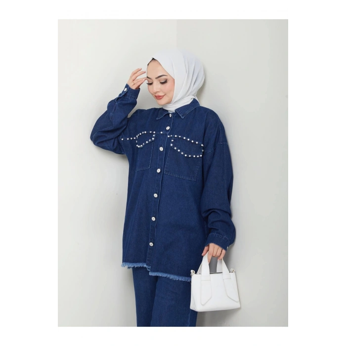 İNCİLİ KAPAKLİ CEP MAVİ KOT TESETTÜR TAKIM