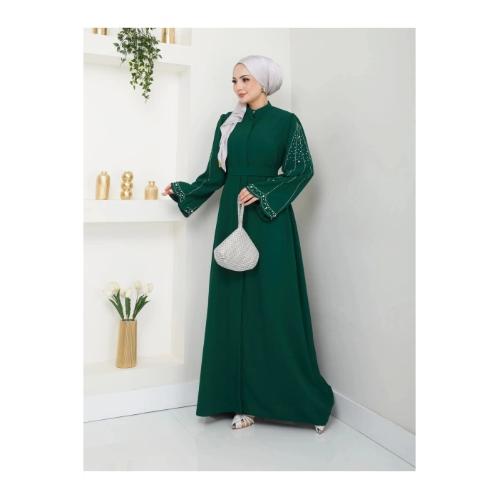 TAŞLİ ABAYA TESETTÜR GIYIM KADIN FERACE ELBISE ZÜMRÜT