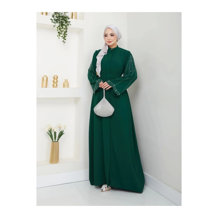 TAŞLİ ABAYA TESETTÜR GIYIM KADIN FERACE ELBISE ZÜMRÜT