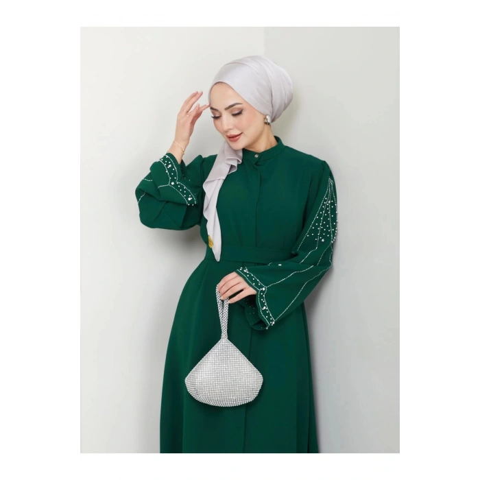 TAŞLİ ABAYA TESETTÜR GIYIM KADIN FERACE ELBISE ZÜMRÜT