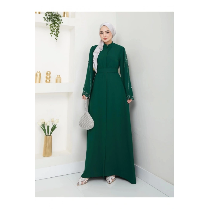 TAŞLİ ABAYA TESETTÜR GIYIM KADIN FERACE ELBISE ZÜMRÜT