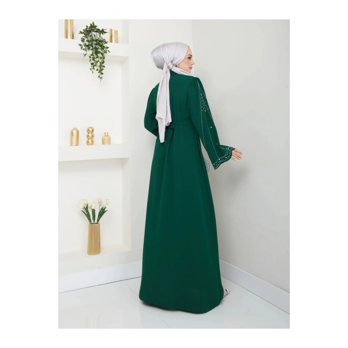 TAŞLİ ABAYA TESETTÜR GIYIM KADIN FERACE ELBISE ZÜMRÜT