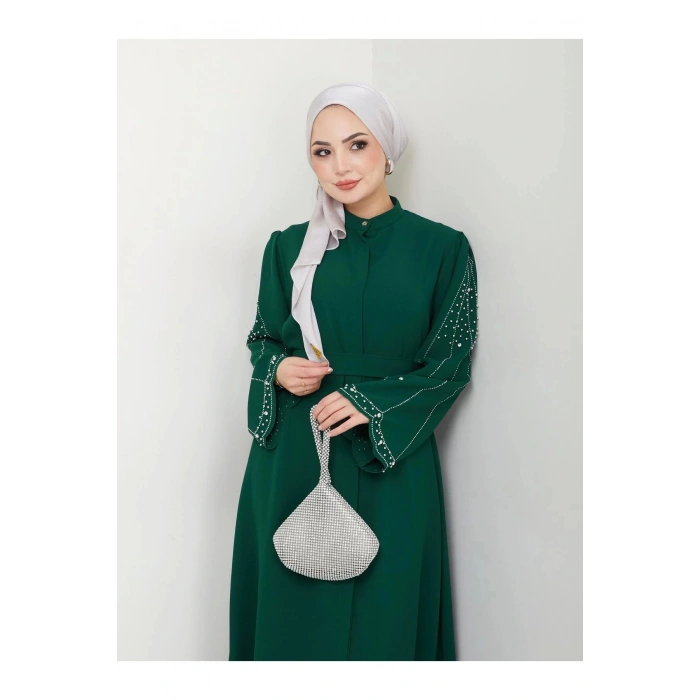 TAŞLİ ABAYA TESETTÜR GIYIM KADIN FERACE ELBISE ZÜMRÜT