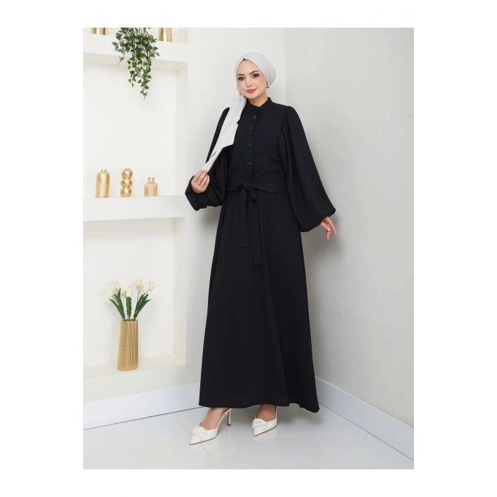 ETEKLI CEKETLI ÖNDEN BAĞLAMALI TESETTÜR TAKIM SİYAH