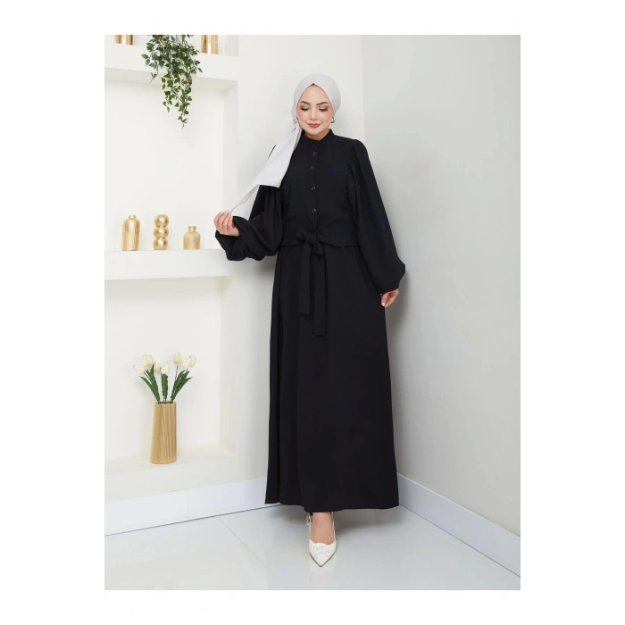 ETEKLI CEKETLI ÖNDEN BAĞLAMALI TESETTÜR TAKIM SİYAH