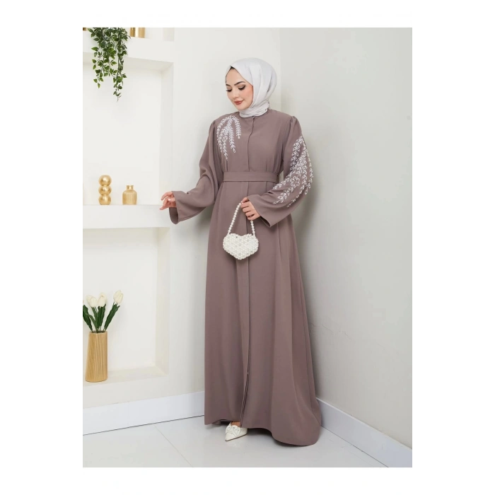 TAŞLİ ABAYA TESETTÜR GIYIM KADIN FERACE ELBISE VİZON