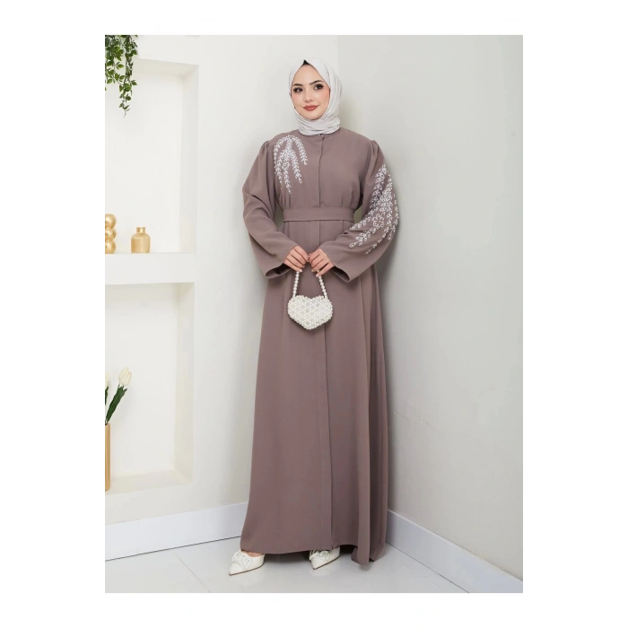 TAŞLİ ABAYA TESETTÜR GIYIM KADIN FERACE ELBISE VİZON