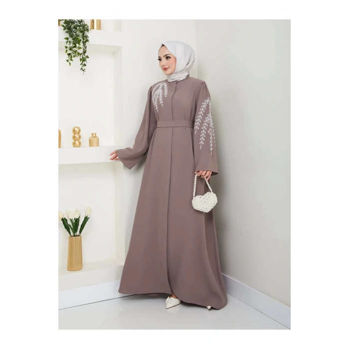 TAŞLİ ABAYA TESETTÜR GIYIM KADIN FERACE ELBISE VİZON