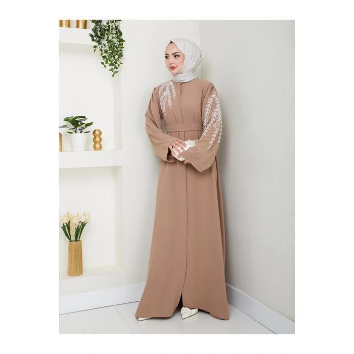 TAŞLİ ABAYA TESETTÜR GIYIM KADIN FERACE ELBISE BEJ