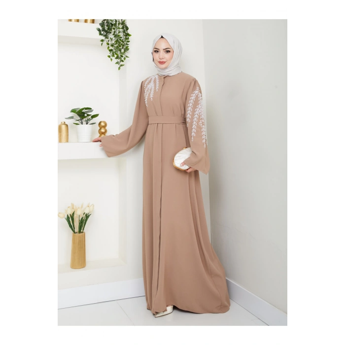 TAŞLİ ABAYA TESETTÜR GIYIM KADIN FERACE ELBISE BEJ