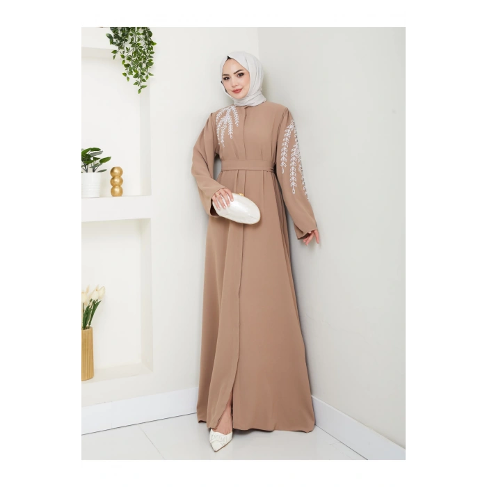 TAŞLİ ABAYA TESETTÜR GIYIM KADIN FERACE ELBISE BEJ