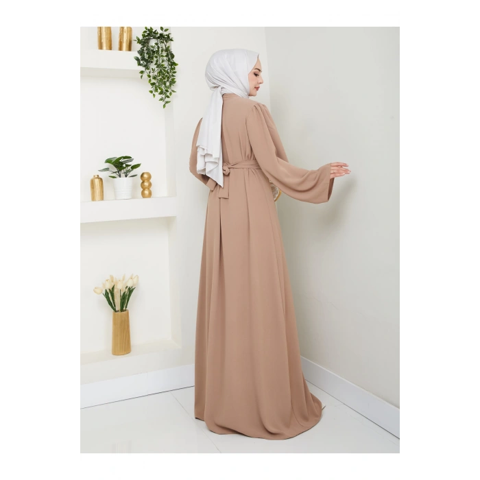 TAŞLİ ABAYA TESETTÜR GIYIM KADIN FERACE ELBISE BEJ